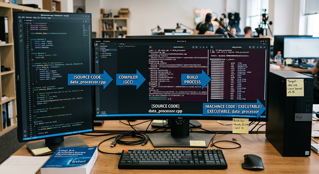Compiled vs Interpreted Languages: How Programming Code Becomes Software 3 Programming source code passing through a compiler to produce machine code