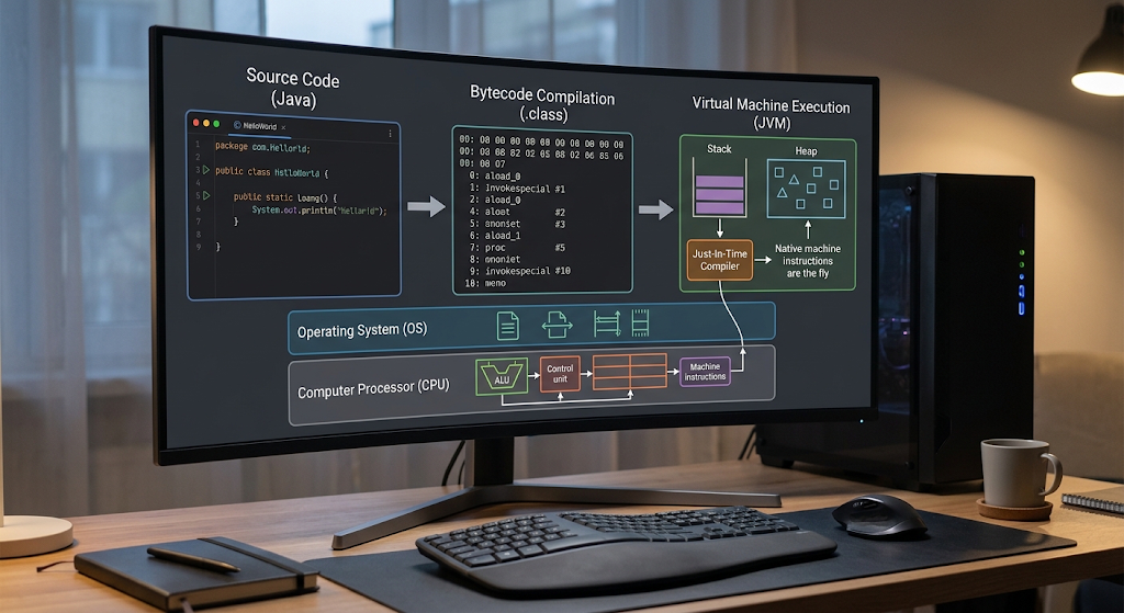 Compiled vs Interpreted Languages: How Programming Code Becomes Software 4 Source code converted to bytecode and executed by a virtual machine