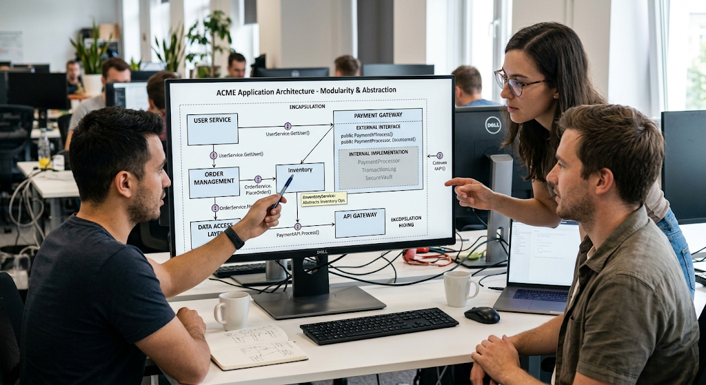 Abstraction, Encapsulation and Modularity in Programming Languages Explained 5 Developers reviewing organized software architecture with modular components and interfaces