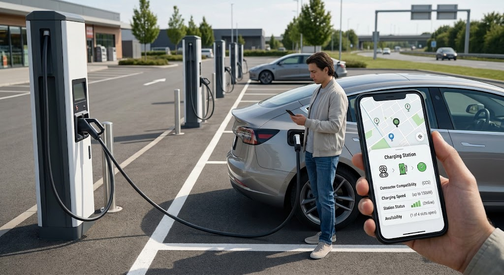 Best EV Apps for Finding Cheap and Fast Charging Stations 2 EV driver checking charger compatibility and live availability