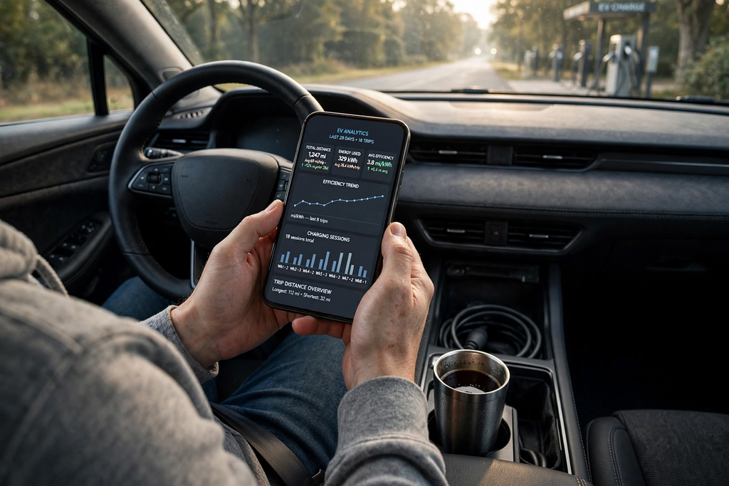 
Electric car app tracking long-term mileage and energy consumption