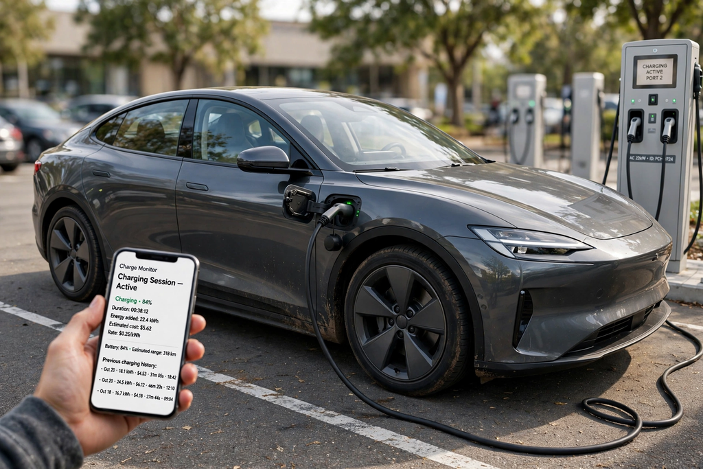 
Electric car app tracking charging records and energy costs