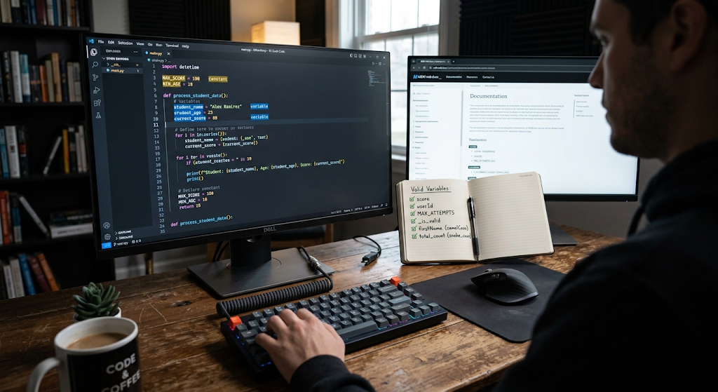Programming variables, constants, and identifiers in source code