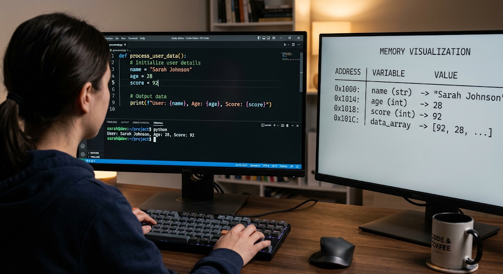 Programmer working with variables and stored data in code