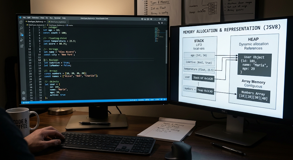 Common programming data types including numbers, strings, Boolean values, and arrays