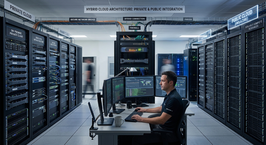Private and public cloud environments connected in a hybrid cloud