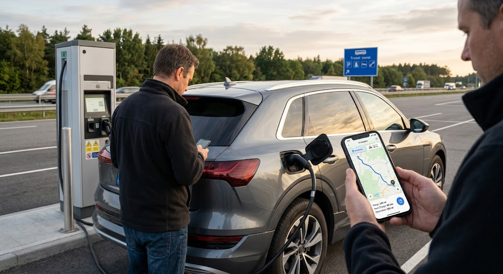 Best EV Apps for Tesla, Hyundai, Kia, Ford, BMW, and Other Electric Cars 3 EV app showing charging station and route planning for an electric car trip