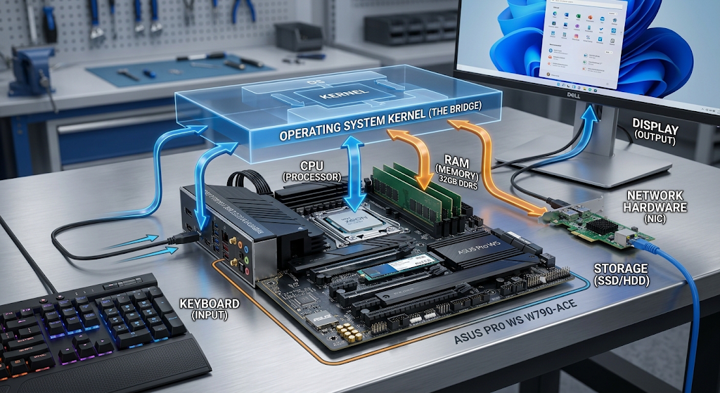 Operating system connecting users applications and hardware