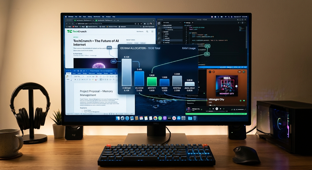 Operating system managing RAM among multiple running programs