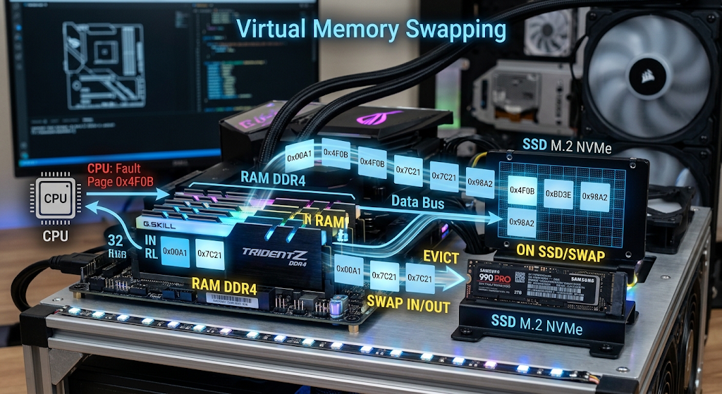 Virtual memory pages moving between RAM and secondary storage