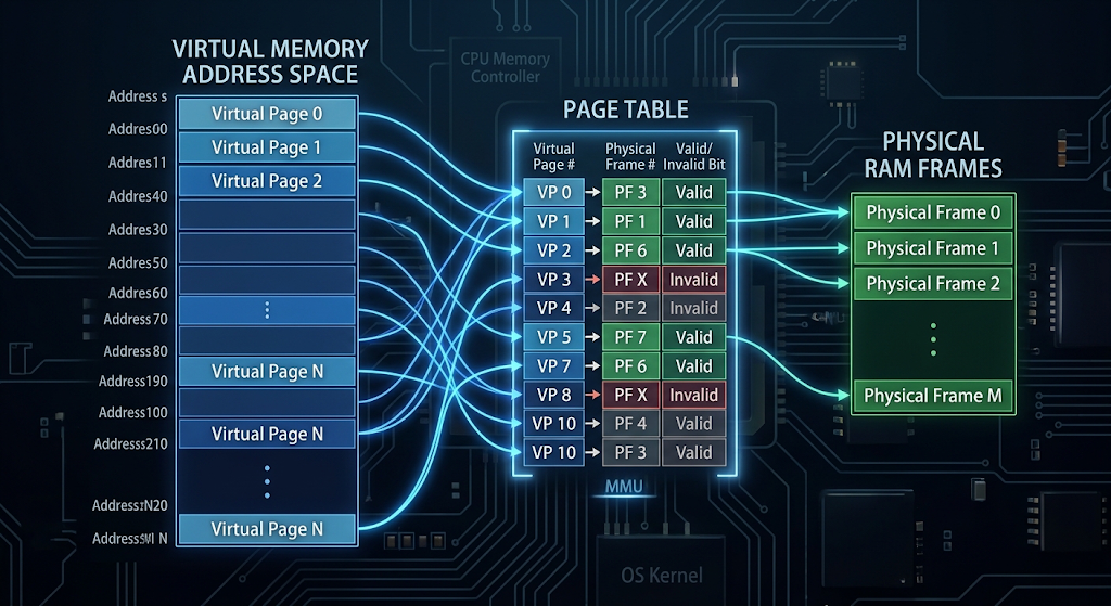 Virtual memory pages mapped to physical RAM frames through a page table