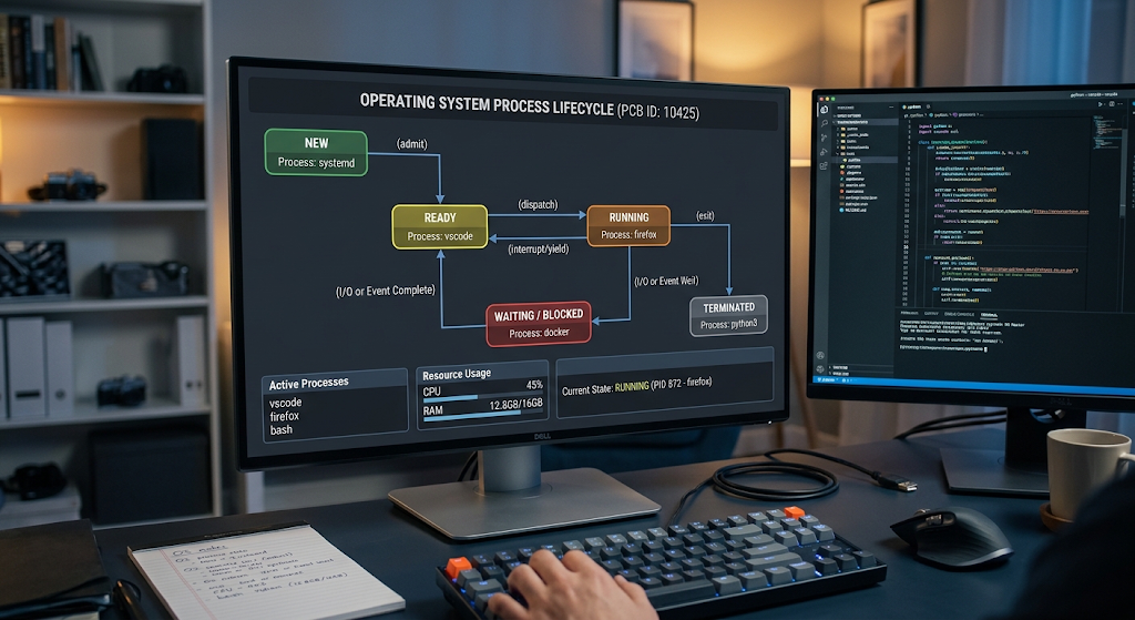 Operating system process states from new to terminated