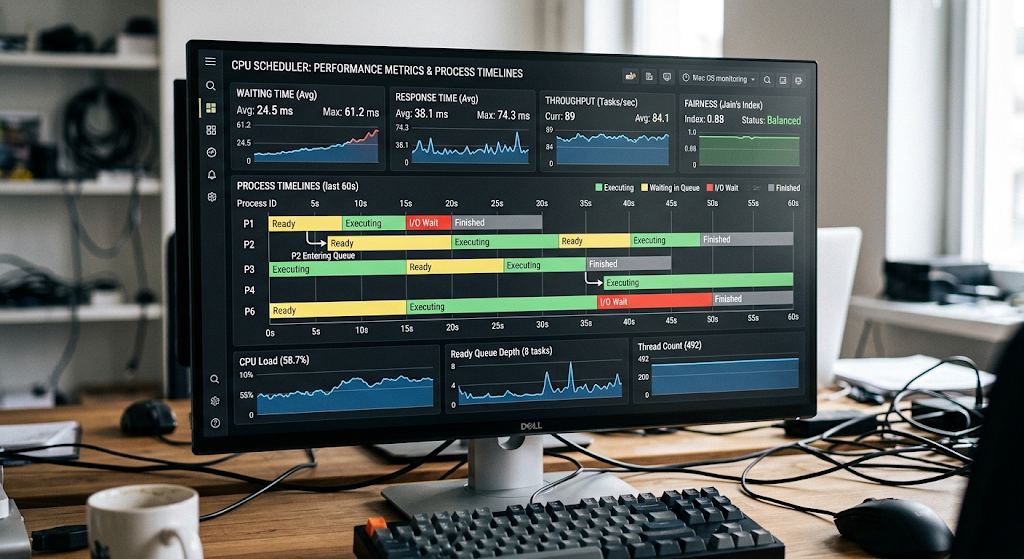 CPU scheduling metrics showing waiting time response time throughput and fairness