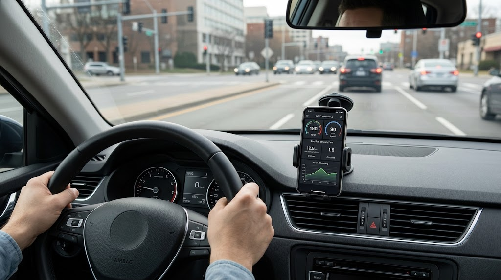 OBD2 fuel monitoring showing engine RPM and fuel consumption while driving