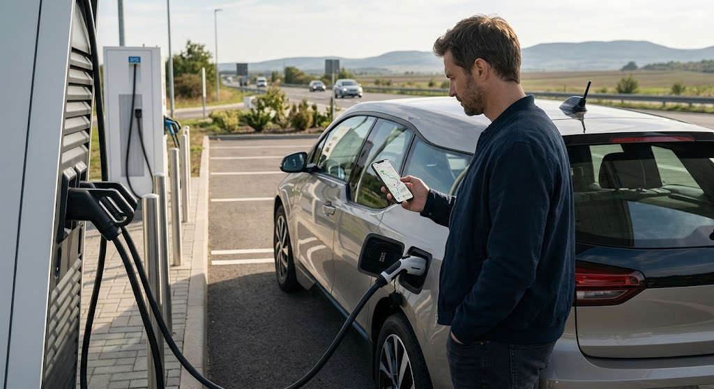 Best Electric Vehicle Apps for Road Trips, Charging, and Trip Planning 3
EV driver checking a charging stop and backup route during a road trip
