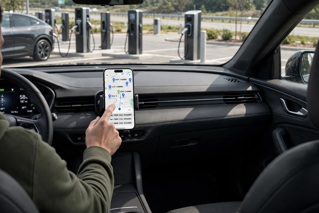 Best Electric Vehicle Apps for Road Trips, Charging, and Trip Planning 2
EV charging-station app showing charging options along a road trip route