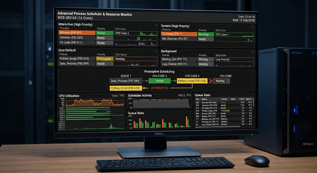Multilevel CPU scheduling queues showing preemptive process management