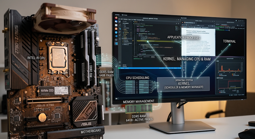 Kernel managing CPU processes and computer memory