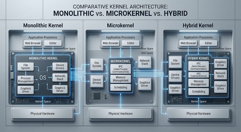 Comparison of monolithic microkernel and hybrid kernel architectures