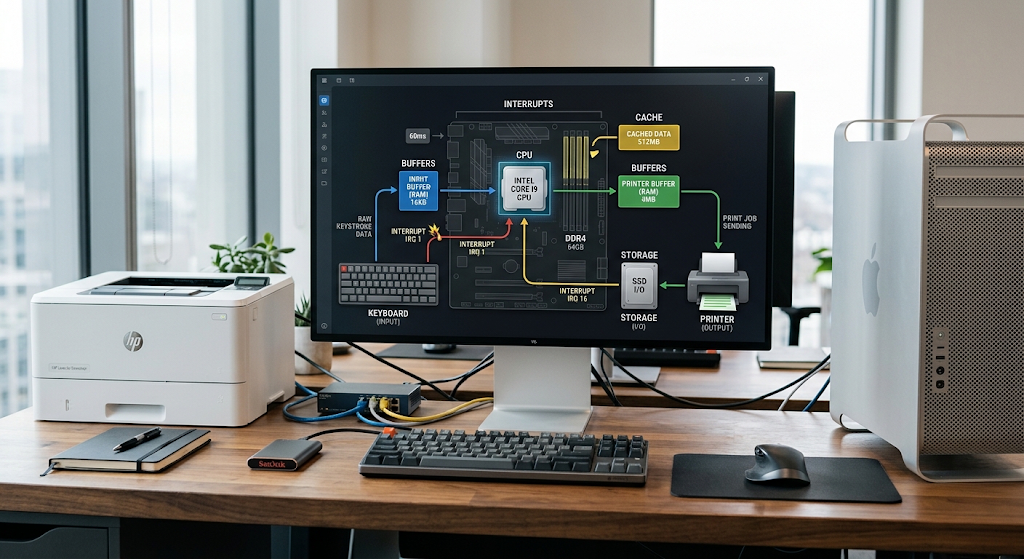 Device Management in Operating Systems: Drivers, I/O and Hardware Communication 4 Operating system interrupts buffering and caching for hardware communication