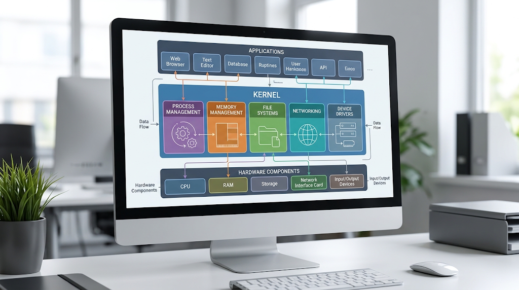 Monolithic kernel architecture showing operating system services and hardware