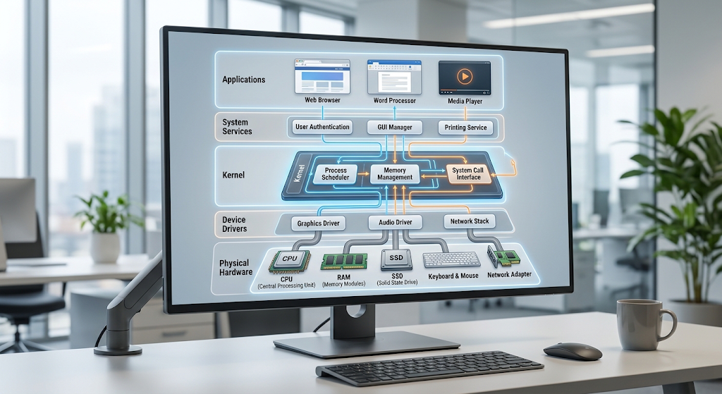 Layered operating system architecture showing applications, kernel, drivers, and hardware