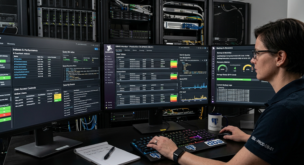 Database management system features including querying indexing security backup and recovery