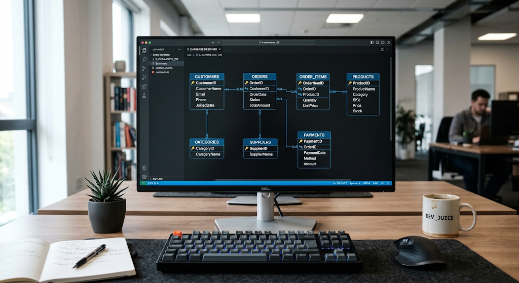 Relational database tables with rows, columns, and relationships