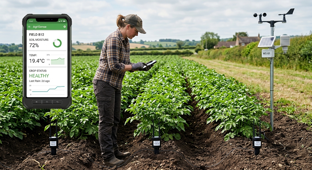 Smart Farming in 2026: How AI and Technology Are Changing Modern Agriculture 2 Farmer using IoT soil sensors and AI data to monitor crops