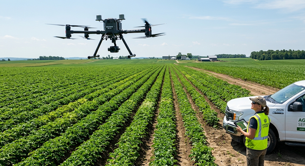 Smart Farming in 2026: How AI and Technology Are Changing Modern Agriculture 3 Agricultural drone monitoring crop health in a precision farming field