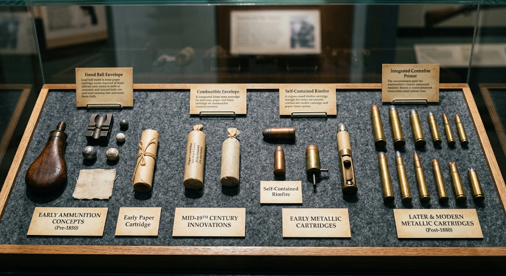 Historical development of ammunition from early designs to modern cartridges