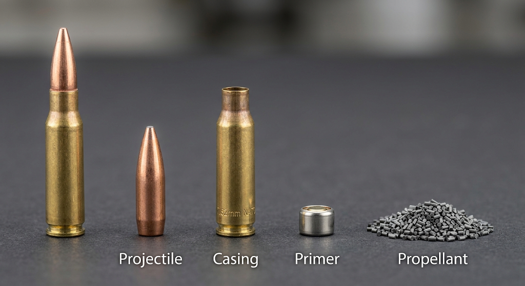 Basic components of a cartridge including projectile casing primer and propellant