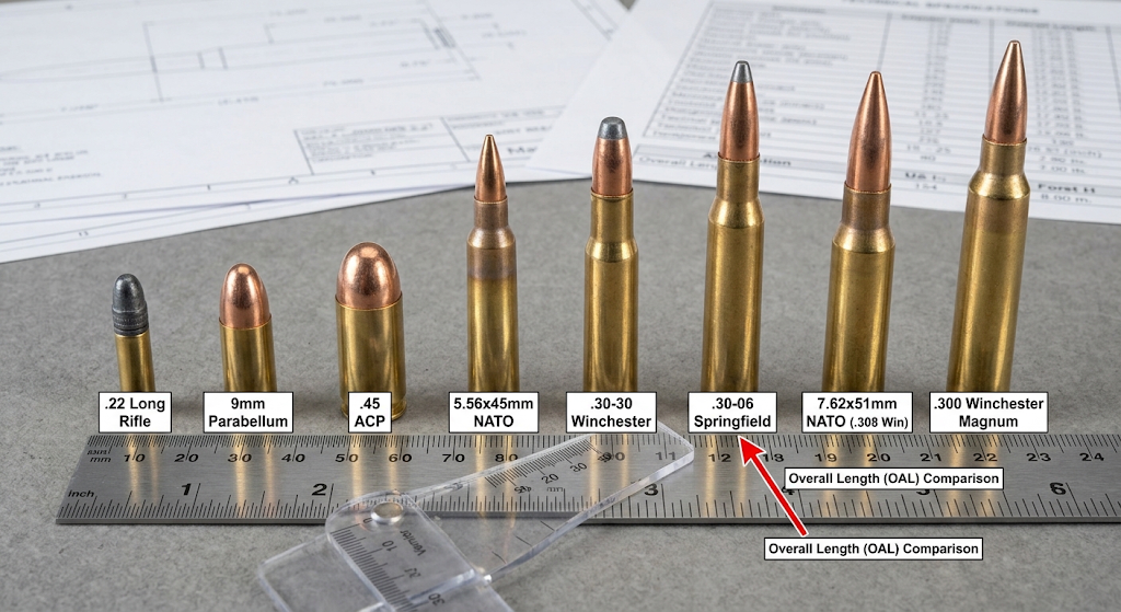 Different ammunition sizes illustrating caliber and cartridge measurements