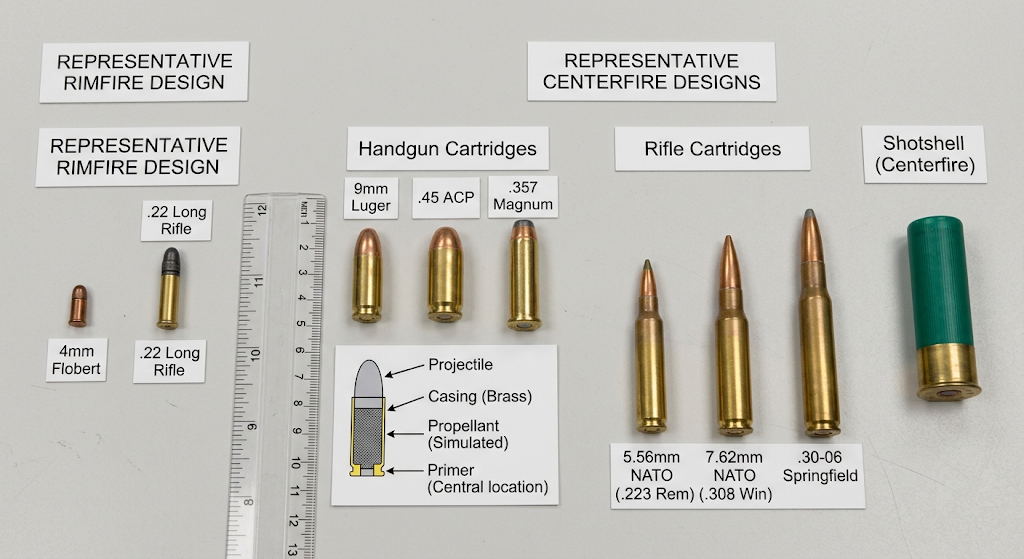 Educational comparison of centerfire and rimfire ammunition categories