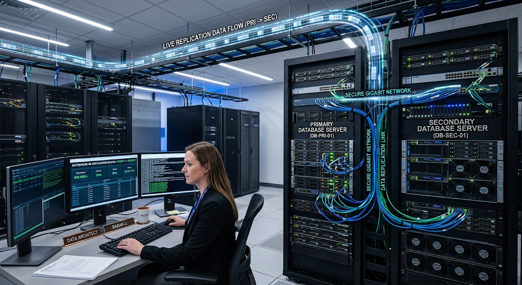 Primary and secondary database replication for high availability