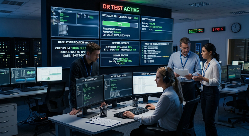 IT team testing database backup restoration and disaster recovery