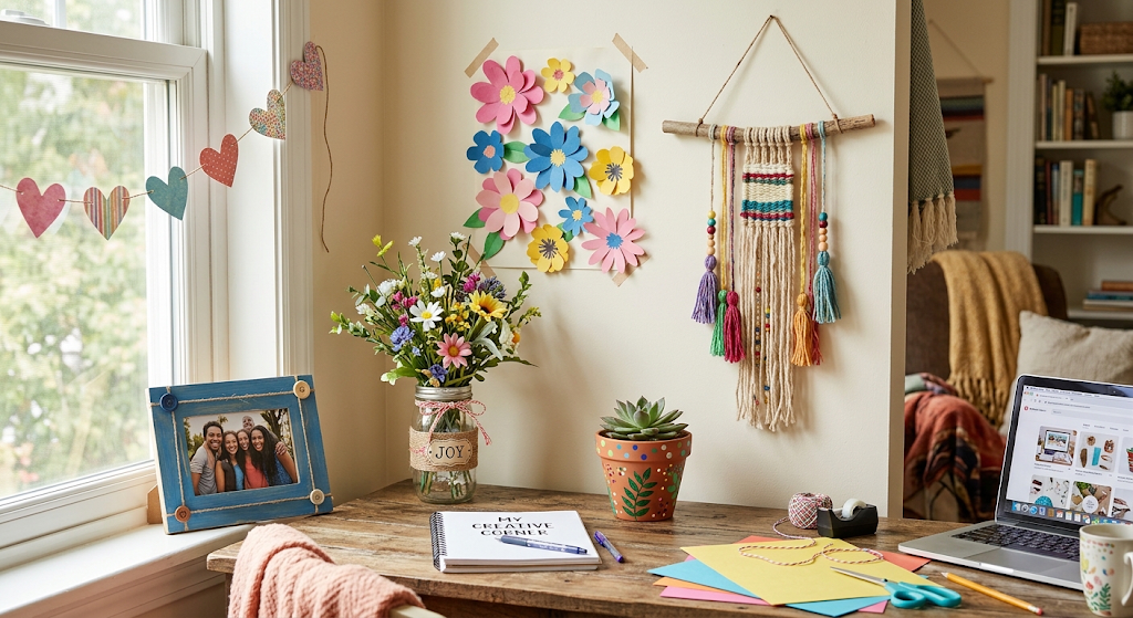handmade DIY room decorations including wall art paper flowers and plant pots