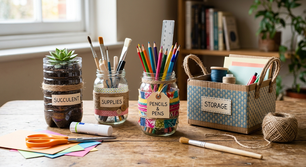 recycled jars bottles and cardboard used for DIY crafts and storage