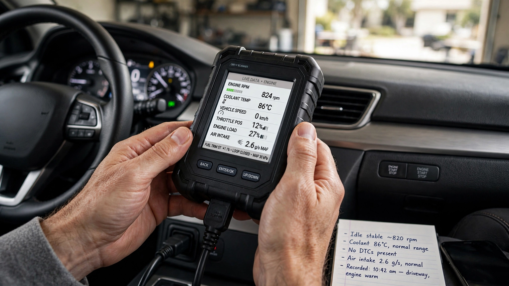 OBD2 scanner displaying live data while diagnosing car problems