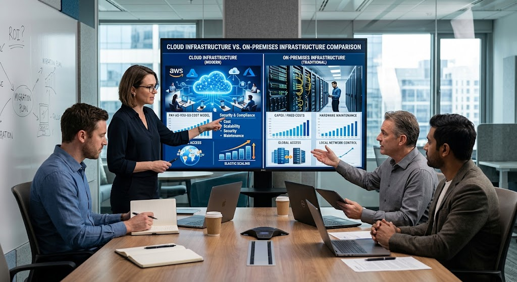Business team comparing cloud computing with traditional IT infrastructure