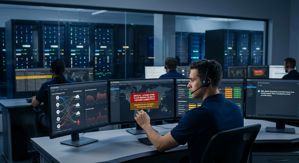 IT professional monitoring cloud security and network connectivity risks