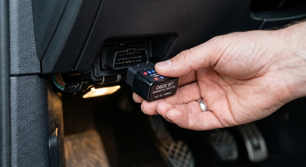 A detailed macro photograph showing a wireless OBD2 scanner adapter being plugged into a car's 16-pin diagnostic port under the dashboard