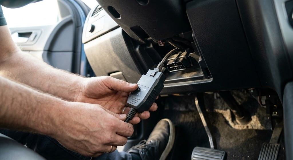 Connecting a wireless adapter to check OBD2 emissions scanner apps before inspection