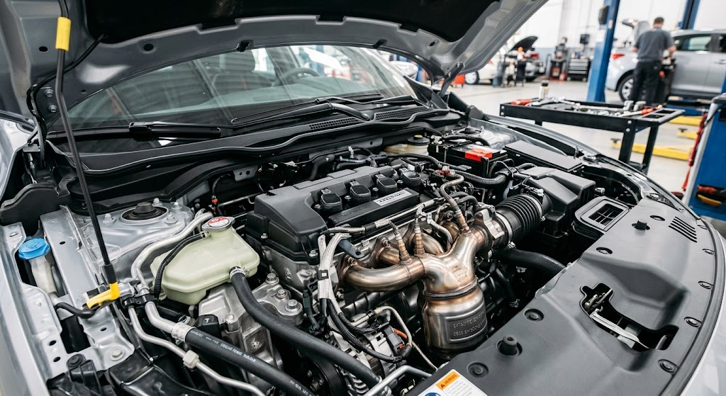 Engine compartment detail showing exhaust sensors monitored by OBD2 emissions scanner apps