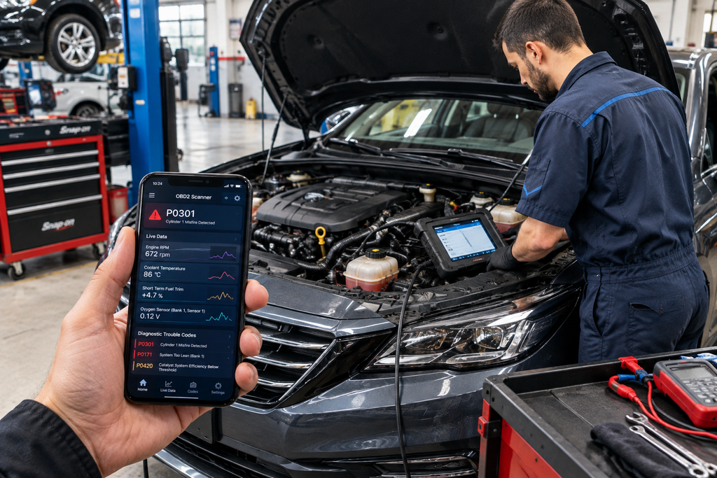 OBD2 scanner app providing diagnostic information before a professional mechanic inspects the car  