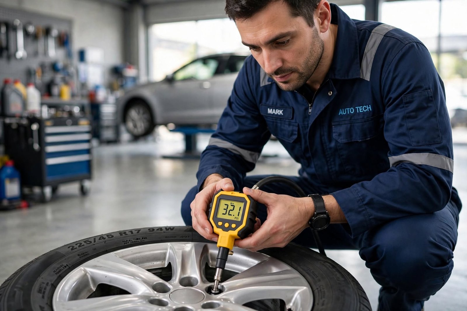 vehicle maintenance fuel consumption check with mechanic measuring tire pressure at 32.1 PSI for better fuel economy