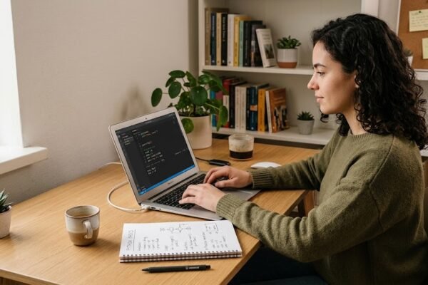 Beginner learning computer programming on a laptop