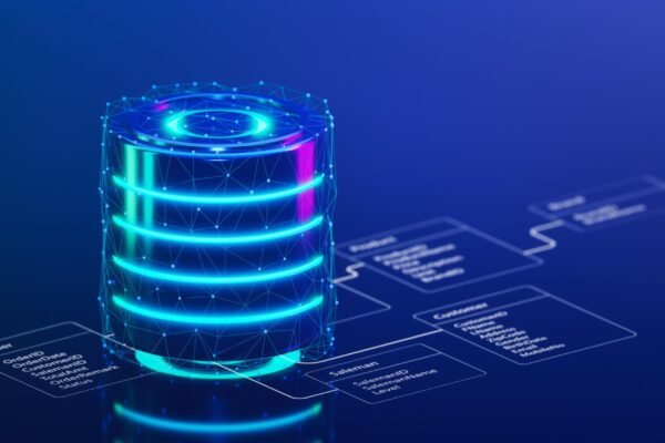 Database design concept showing connected tables, data icons, and a server.