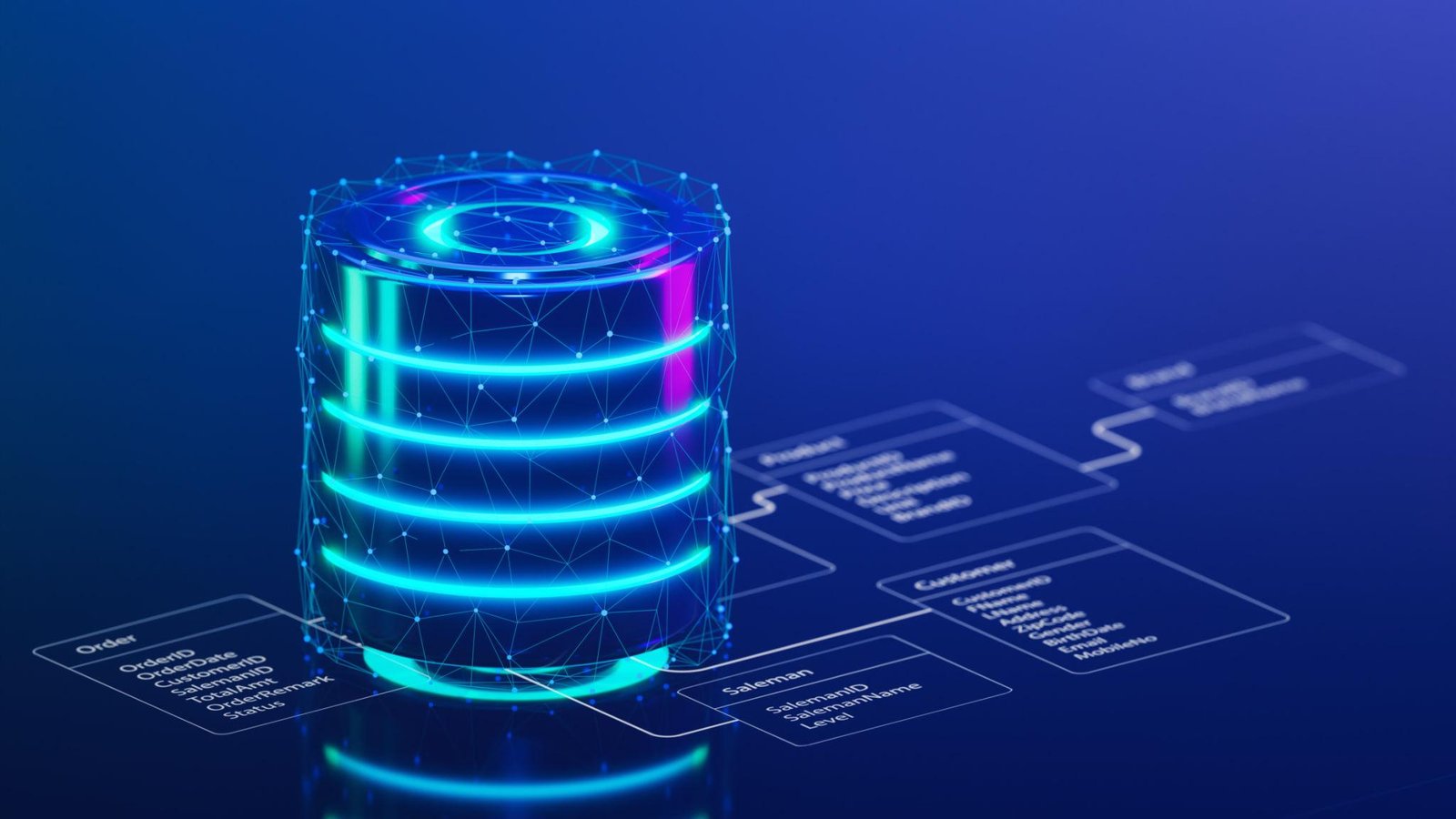 Database design concept showing connected tables, data icons, and a server.