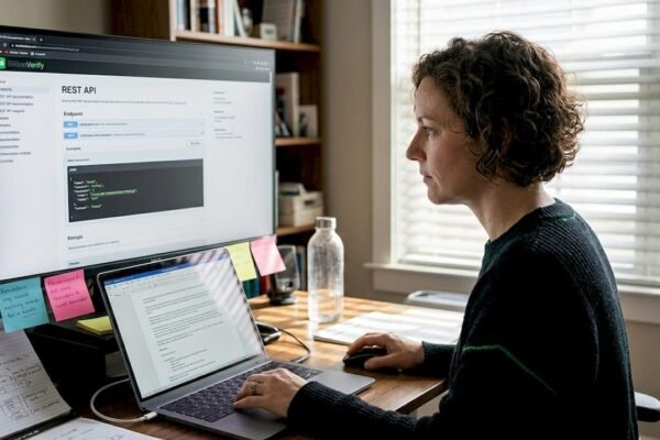 Developer reading API documentation on a laptop with code examples and endpoint navigation.